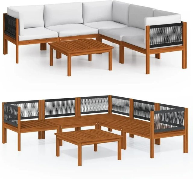 vidaXL 6-teiliges Garten-Lounge-Set in U-Form aus Akazienholz und Seil in Beige und Weiß mit Kissen - Bild 1