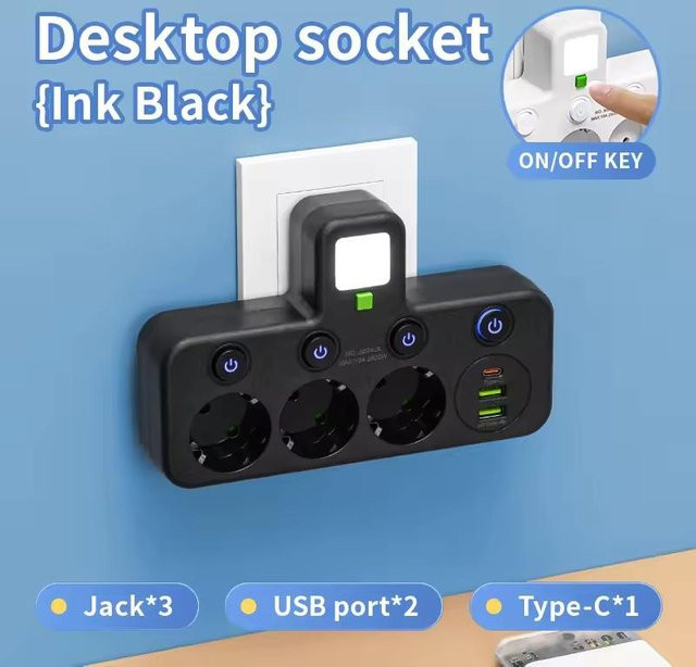 Steckdosenleiste XinKaiCanCan mit 3 AC-Steckdosen, 2 USB-Anschlüssen und 1 USB-Typ-C-Anschluss in Schwarz mit unabhängigen Schaltern und Nachtlicht - Bild 1