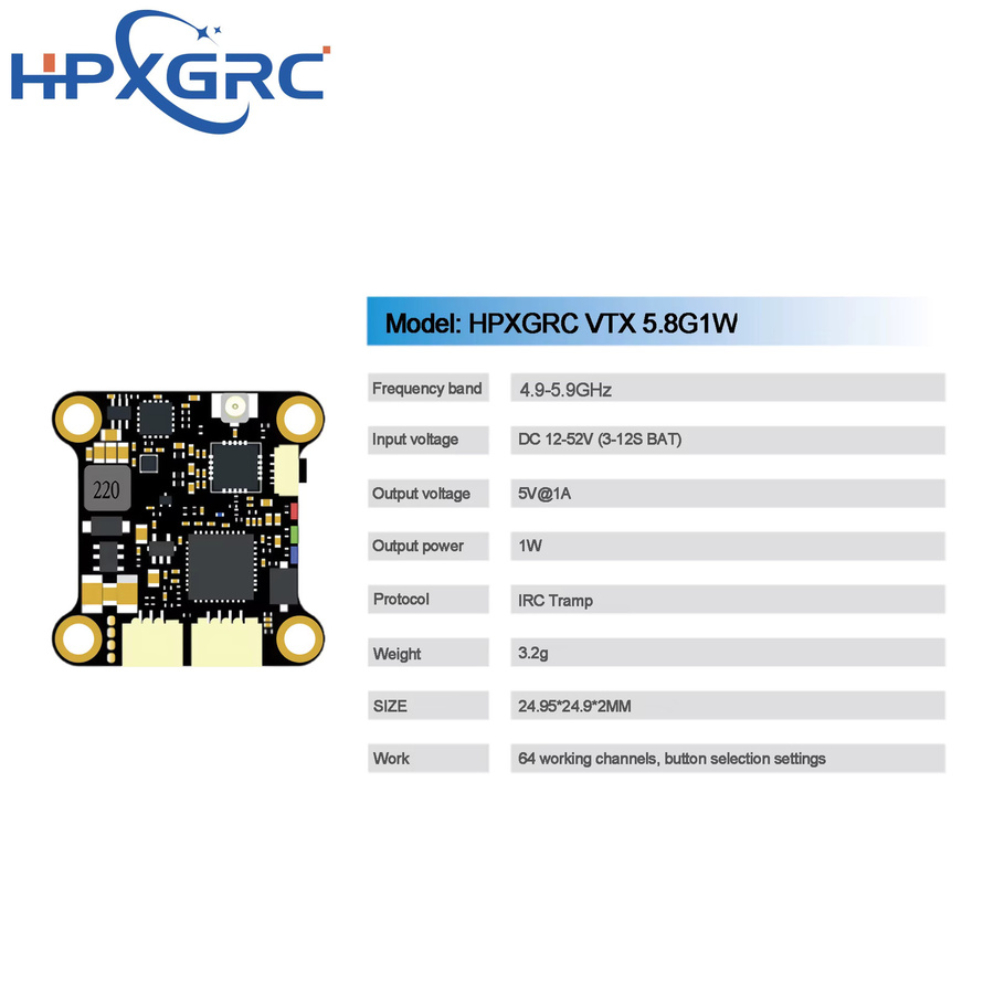 HPXGRC 5.8G 1W 64-Bit VTX Videotransmitter für FPV-Drohnen in Schwarz - Bild 3