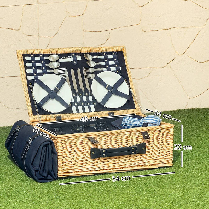 Outsunny Picknickkorb aus Rattan und Holz in Braun und Beige, Picknick-Set für 4 Personen mit Isoliertfach, Picknickdecke und Besteck, B/H/L: 34 x 20 x 54 cm - Bild 4