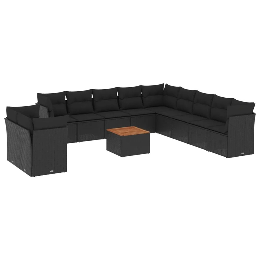 vidaXL 12-tlg Garten-Sofagarnitur in U-Form aus Polyrattan und Akazienholz mit Kissen, Schwarz - Bild 2