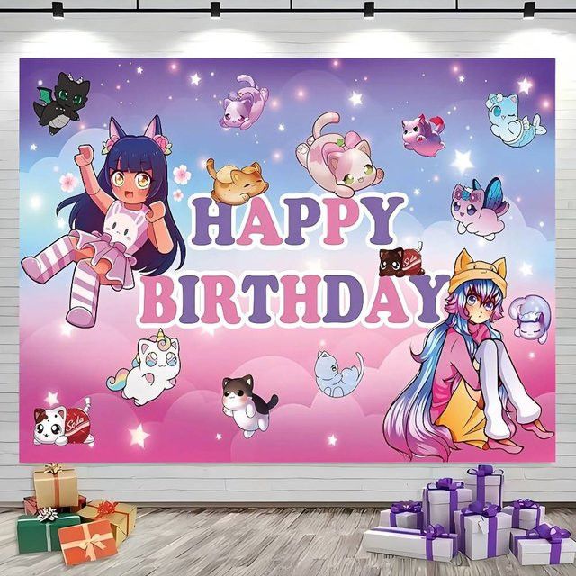 Aphmau Fotohintergrund mit niedlichen Katzen für Kindergeburtstage und Babypartys, Multicolor, Breite: 120 cm - Bild 1