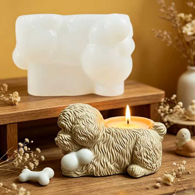 Silikonform für Hundeknochen-Kerzenbecher und Sukkulenten-Pflanztopf mit Motiv eines liegenden Hundes in Beige - Bild 5