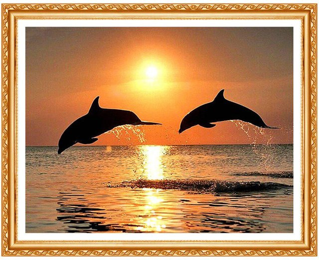 FIYO Diamant-Gemälde Delfin bei Sonnenuntergang mit runden Diamanten in Orange, Breite: 30 cm, Höhe: 20 cm - Bild 1