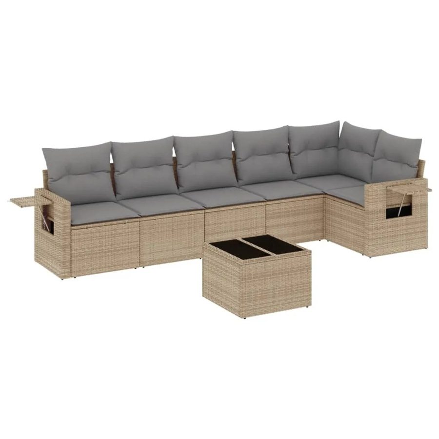 vidaXL 7-teilige Garten-Sofagarnitur in L-Form aus Poly-Rattan mit Kissen in Beige-grau - Bild 2