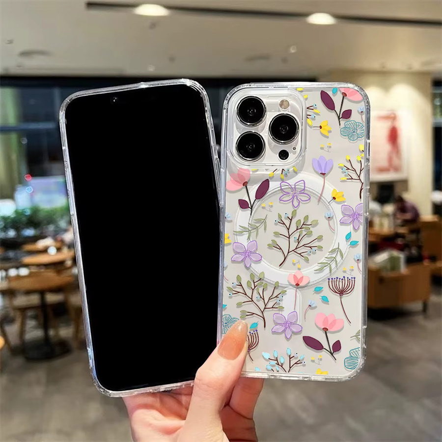 Transparente MagSafe Handyhülle mit Blumenmuster für Apple iPhone 11 12 13 14 15 16 17 Pro Max und Air, magnetische kabellose Ladehülle mit weicher Abdeckung - Bild 3
