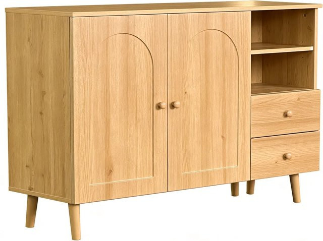 PXloue Sideboard in Holzoptik mit Türen und Schubladen für Wohnzimmer, Esszimmer oder Flur, B/T/H: 118 x 35 x 82 cm - Bild 1