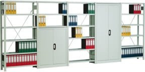 Regalwerk Regal- und Sideboard-Kombination aus Stahl in Lichtgrau mit Schranktüren und verstellbaren Einlegeböden, B/T/H: 100,5 x 30,0 x 200,0 cm - Bild 1