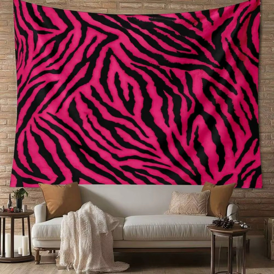 VIKAMA Wandteppich mit Zebramuster in Rosa und Schwarz aus Polyester für dein Wohnzimmer oder Schlafzimmer - Bild 4
