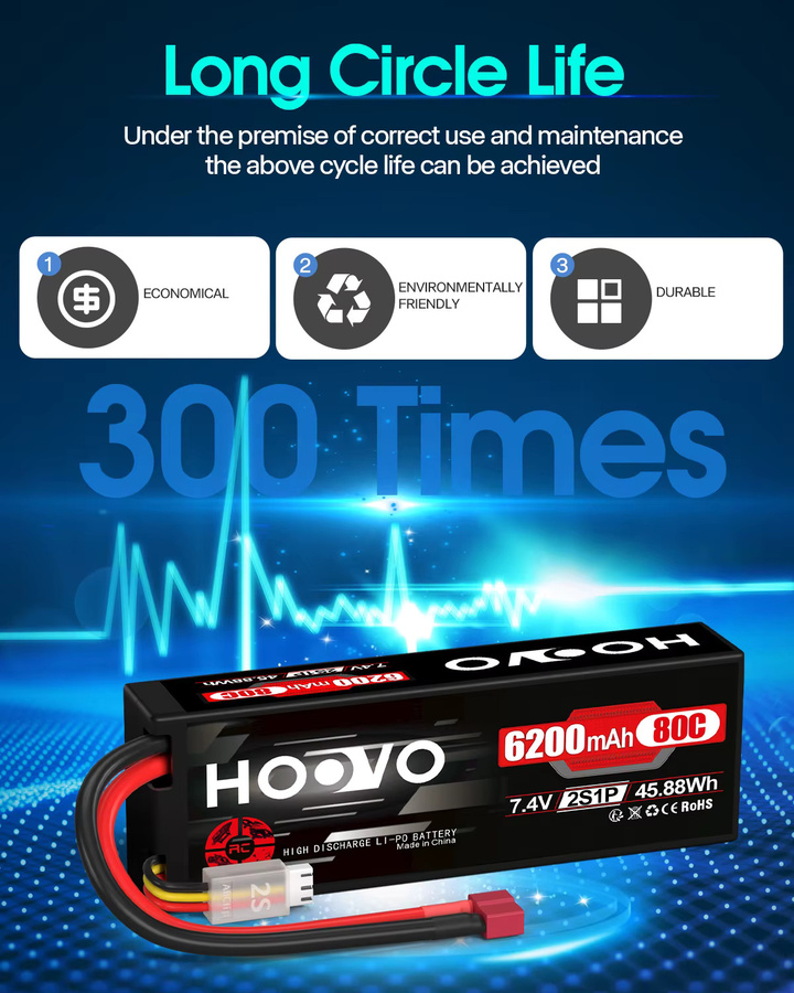 HOOVO 2er-Set LiPo Akku 7,4V 6200mAh 2S 80C mit T-Stecker und Hardcase für RC Auto, Flugzeug, Hubschrauber und Boot, Schwarz - Bild 3