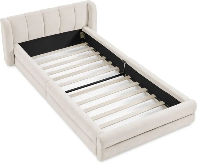 okwish Einzelbett mit Rückenlehne aus Chenille in Beige für das Kinderzimmer, B/T/H: 90 x 200 x 60 cm - Bild 1