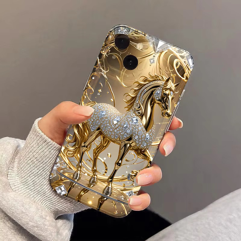 Golden Horse Diamond Handyhülle für iPhone 17 16 15 14 13 12 11 Pro Max Plus XR XS X Soft Clear Cover in Transparent Gold - Bild 3