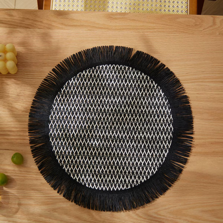 4er-Set Tabletex Tischsets aus gewebtem Papier im Boho-Design, rund, Beige und Schwarz, Durchmesser: 38 cm