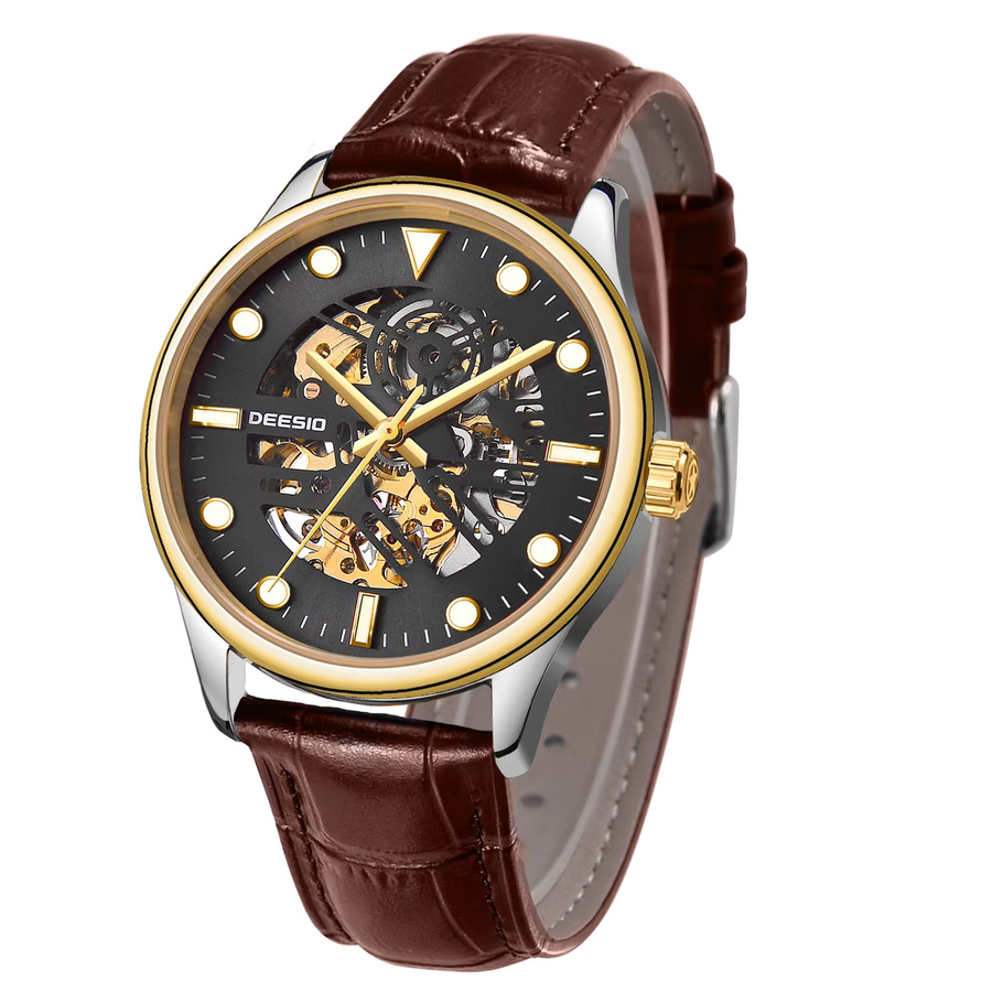 Deesio Herren-Skelettuhr, Automatik, Edelstahl, Lederarmband, Saphirglas, Schwarz - Bild 7