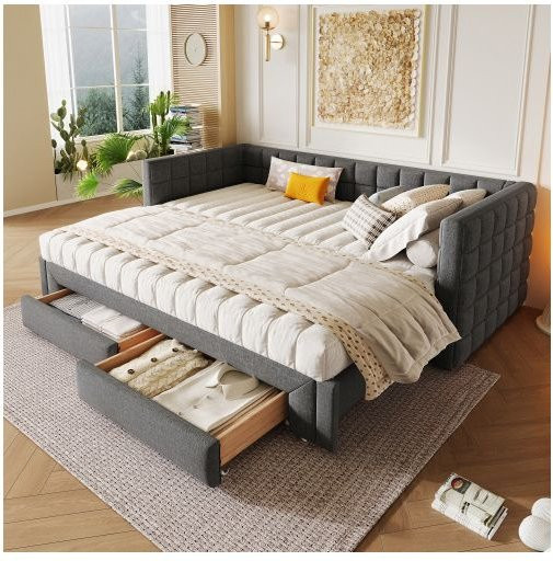 MUVOE Tagesbett aus Samt mit 2 Schubladen, ausziehbar von 90 x 200 cm auf 180 cm, Grau - Bild 1