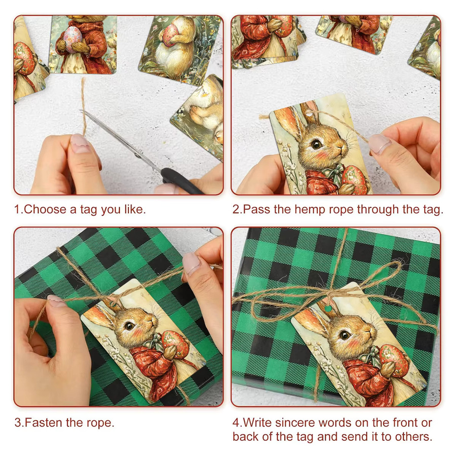 WhimsyCraft 50 Stück Vintage-Kaninchen Papieranhänger mit Hanfseil für Ostern - Bild 5