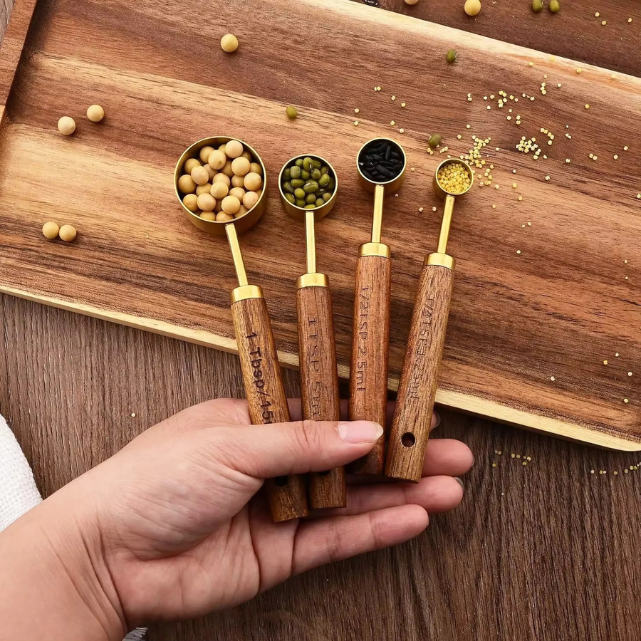 JANKNG 8er Set Messlöffel aus Edelstahl mit Holzgriff in Silber für Kaffee, Tee und Gewürze - Bild 2