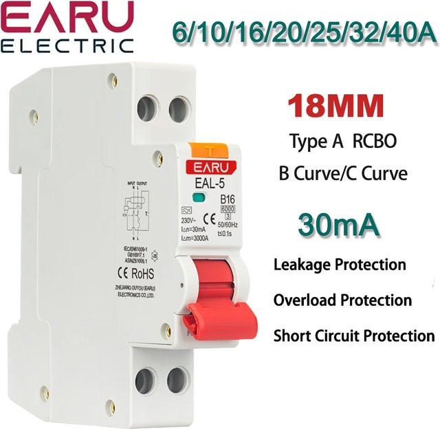 EARU RCBO Typ A Fehlerstrom-Leistungsschalter 1P+N 2P mit Auslösecharakteristik Kurve B oder C und 30mA Leckageschutz - Bild 1