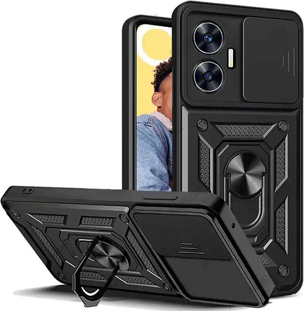 Schutzhülle für Realme C55 C53 C65 C67 C13 Pro Plus GT 6T mit Kameraobjektiv-Schutz und Military-Grade Stoßstangen-Ring in Schwarz - Bild 1