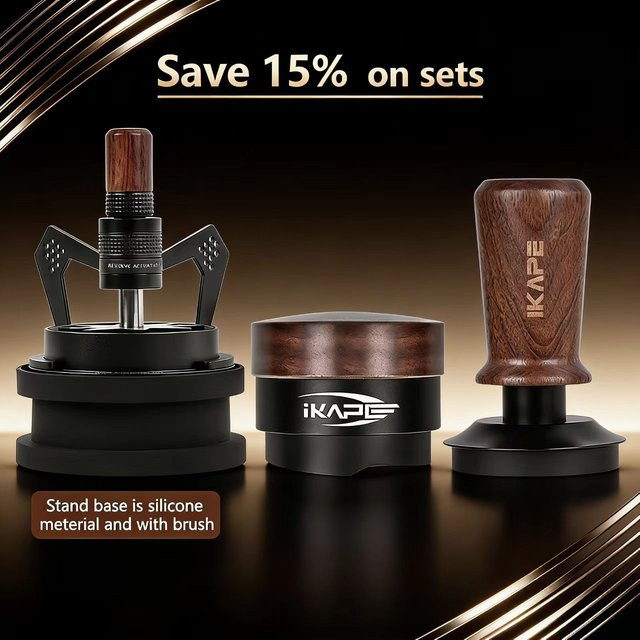 IKAPE Espresso-Werkzeugset in Schwarz mit rotierenden WDT-Werkzeugen, V3 Holz-Tamper und Verteiler, dreiteiliges Set - Bild 1