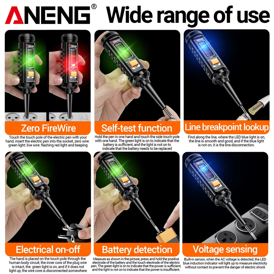 ANENG B15 Induktions-Tester mit Licht zur AC-Spannungserkennung, Schwarz - Bild 4