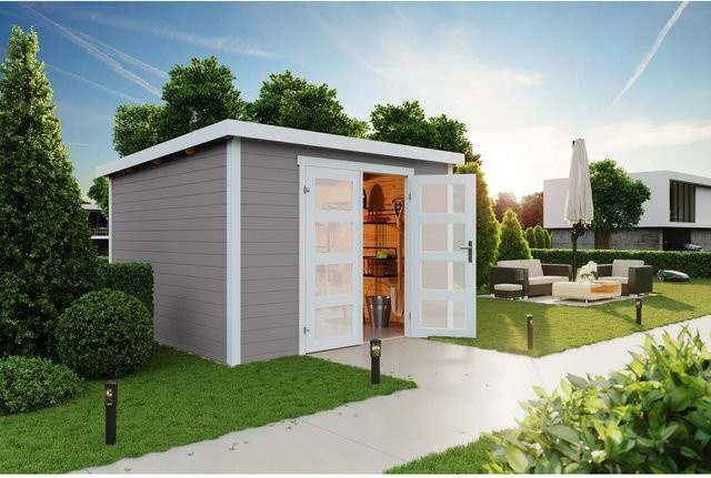 Lasita Holz-Gartenhaus Zambezi 7 mit Flachdach aus Fichtenholz in Lichtgrau, B/H/T: 320 x 210,9 x 324,8 cm - Bild 1