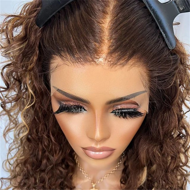 Synthetische Lace-Front-Perücke, Ombre Honigbraun Blonde Highlights, Deep Curly Wave - Bild 1