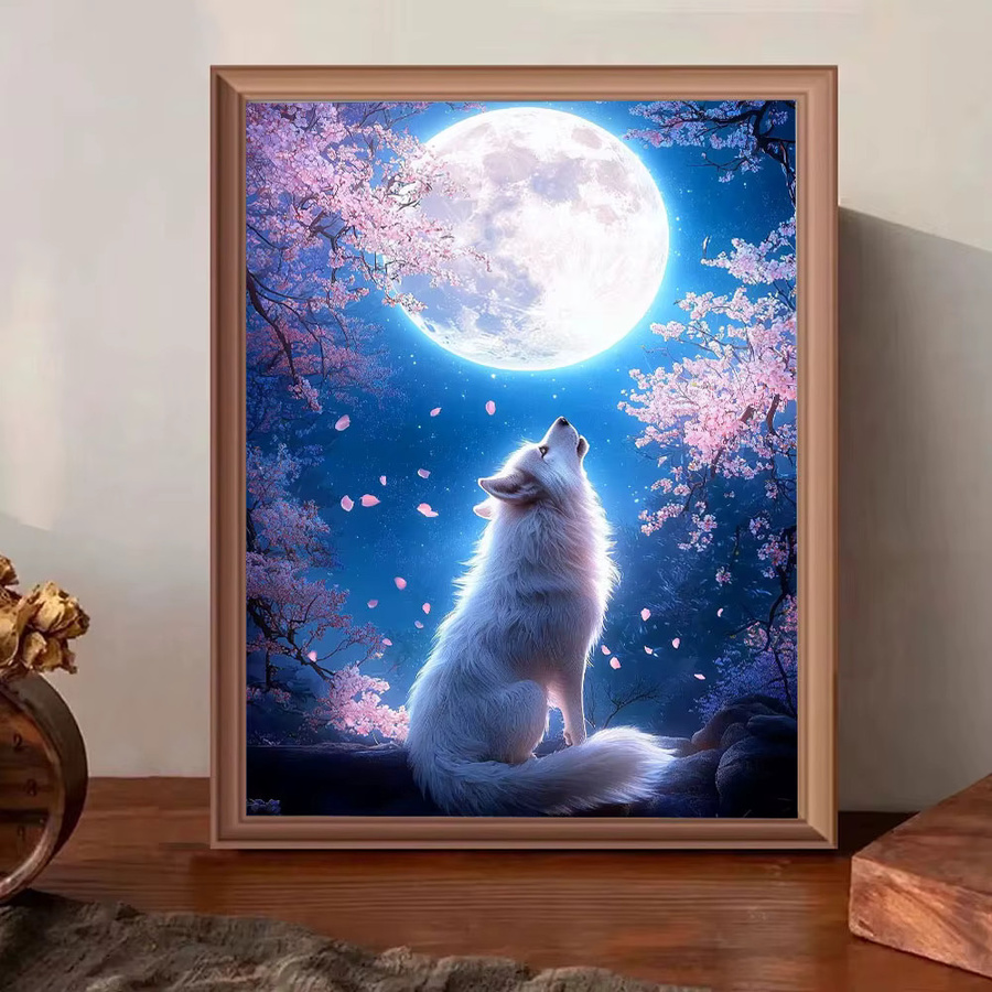 Huacan Diamantmalerei Wolf am Mond mit Blumenmotiv als Diamant-Mosaik Set in Multicolor, Breite: 30,0 cm, Höhe: 20,0 cm - Bild 3