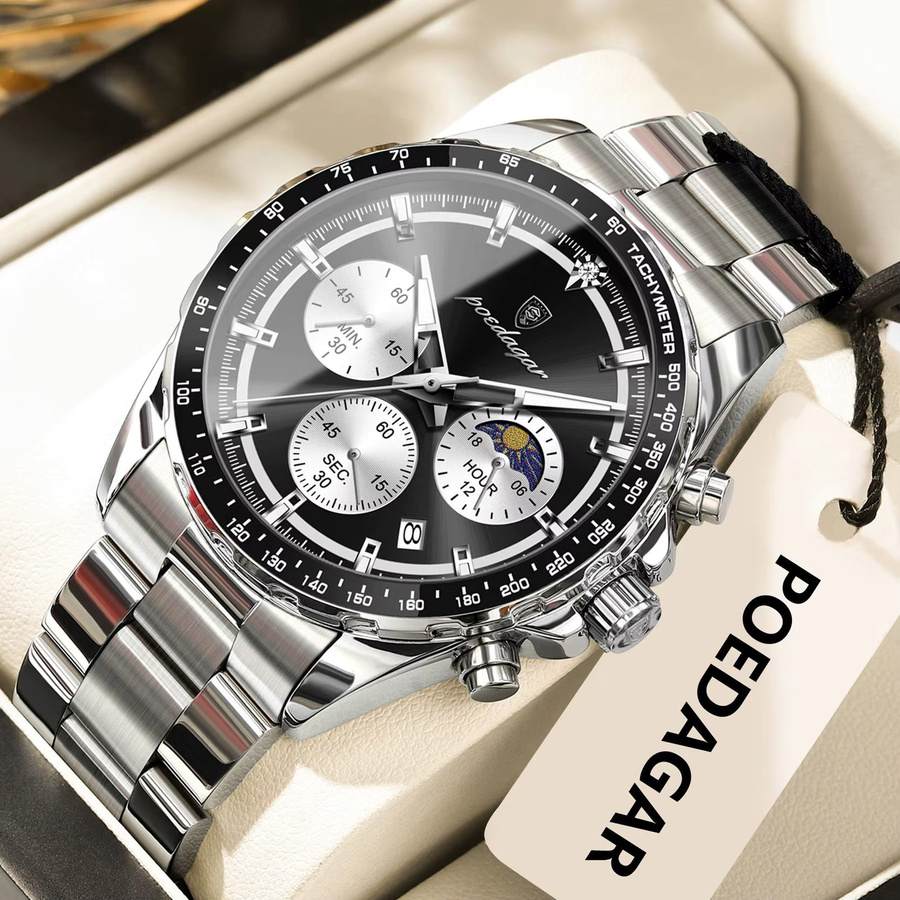 POEDAGAR Armbanduhr Chronograph, Quarz, Edelstahl, Schwarz, Herren - Bild 2