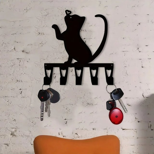 CIFBUY Retro Katzen-Schlüsselhalter aus Metall mit 5 Haken in Schwarz - Bild 1