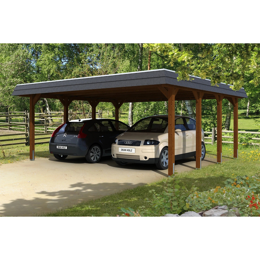 SKANHOLZ Carport Spreewald aus Nadelholz mit Flachdach und Aluminium-Dachplatten, Farbe: Nussbaum/Braun, B/T: 585 x 589 cm, Höhe: 250 cm - Bild 4