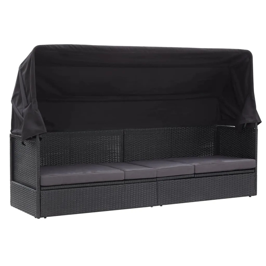 furnicato Outdoor-Sofabett mit Dach aus Poly-Rattan und Stahl in Schwarz - Bild 2