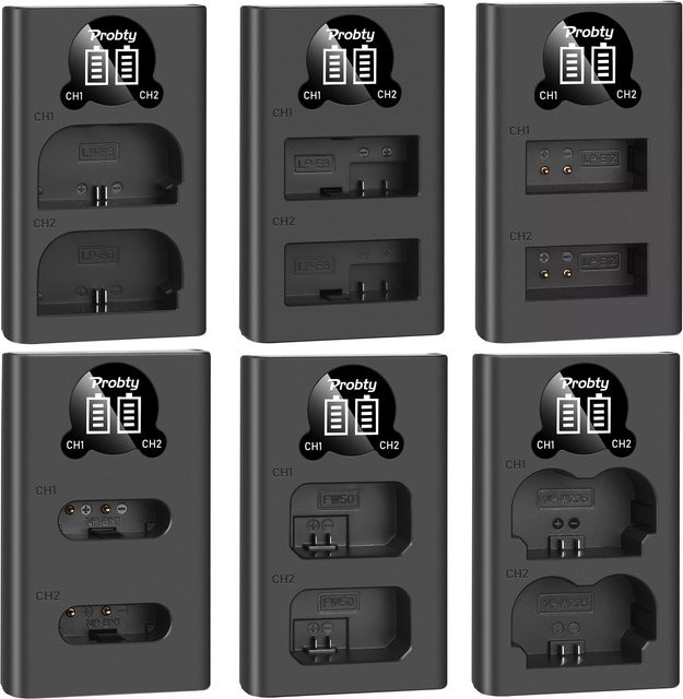Probty Dual Kamera Akku Ladegerät in Schwarz für LP-E6 LP-E8 LP-E12 NP-FW50 NP-F550 NP-W235 NP-BX1 EN-EL14 EN-EL15 EN-EL23 - Bild 1