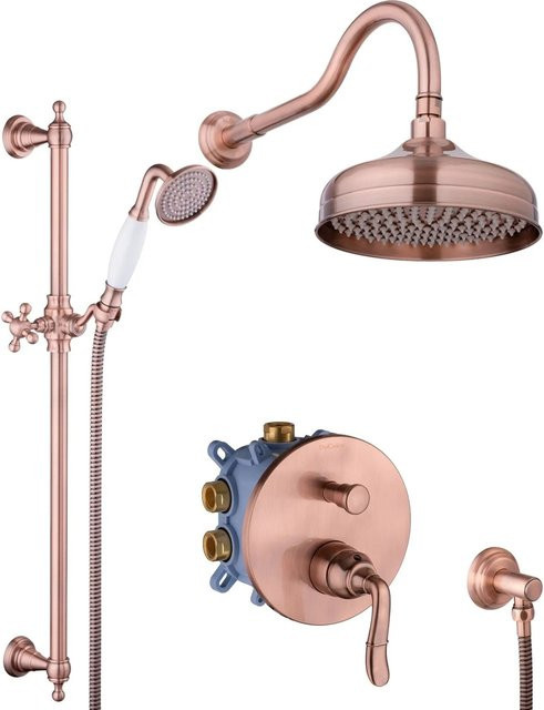 PaulGurkes Kupfer Duschsystem Antik Nostalgie Unterputz Regendusche mit Handbrause in Gold und Kupferbraun - Bild 1