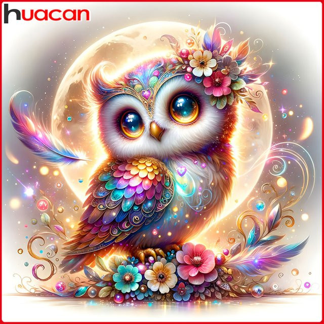 Huacan 5D-Diamantgemälde Eule und Blumen als Diamantmosaik Set in Multicolour, Breite: 20 cm, Höhe: 20 cm - Bild 1