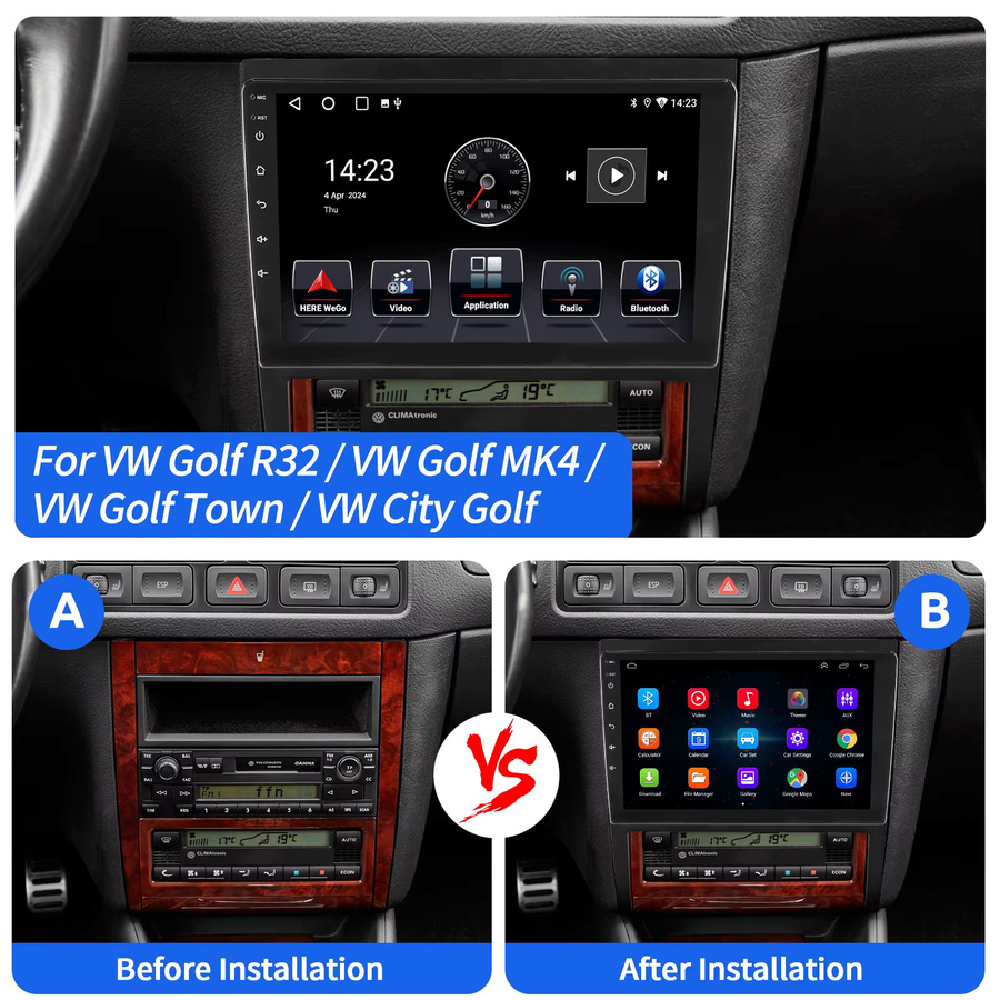 ESSGOO Android 15 Autoradio mit 9 Zoll IPS Touchscreen für VW Golf 4 MK4 1997-2003 R32, Schwarz, kabelloses CarPlay, Android Auto, GPS, Bluetooth, WiFi und Lenkradsteuerung - Bild 3