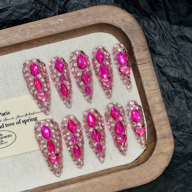 YADORNOS Press On Nails, rosafarbene Stiletto Kunstnägel mit Glitzer, 10 Stück - Bild 1