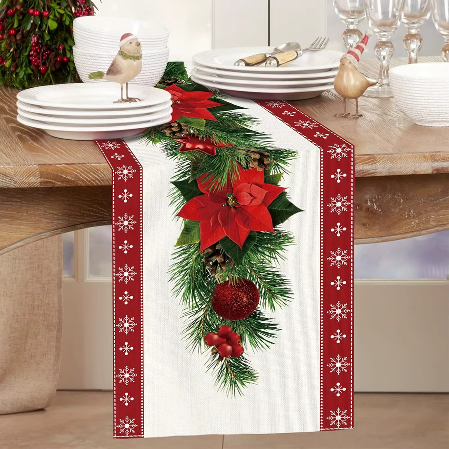 Elegante Weihnachtstischdecke aus Leinen mit Weihnachtsstern, Tannenzweigen und Schneeflocken-Aufdruck, rechteckig, B/T/H: 150 x 45 x 45 cm - Bild 3