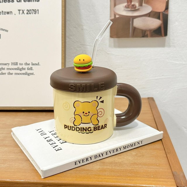 Yiran Furniture Butterbär Keramiktasse mit Deckel und Strohhalm, Mehrfarbig, 350,5 ml - Bild 1