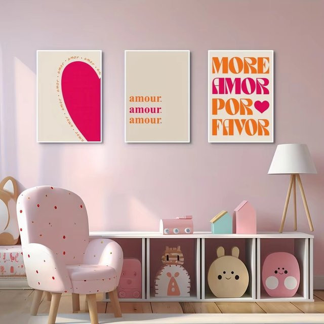 3-teiliges rahmenloses Leinwandposter Potdemiel More Amor Por Favorite Wandkunst in Mehrfarbig mit Typografie und abstraktem Design - Bild 1