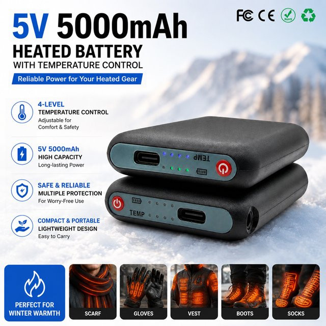 YTBNA Lithium-Polymer-Wärmebatterie für beheizte Wintersocken, Handschuhe und Westen, 5 V, 5000 mAh, Schwarz - Bild 1