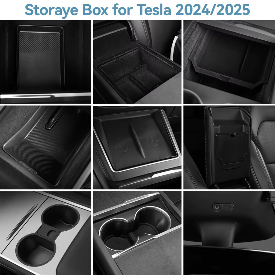 YZ Mittelarmlehne mit versteckter Aufbewahrungsbox, Getränkehalter und Ladepad für Tesla Model Y Juniper 2025, Schwarz - Bild 5