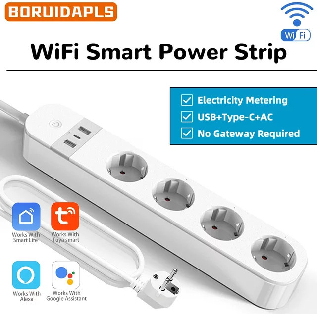 BORUIDAPLS WLAN Smart Steckdosenleiste mit USB und Typ-C in Weiß zur App- und Sprachsteuerung für Alexa und Google Home inklusive Energieüberwachung - Bild 1