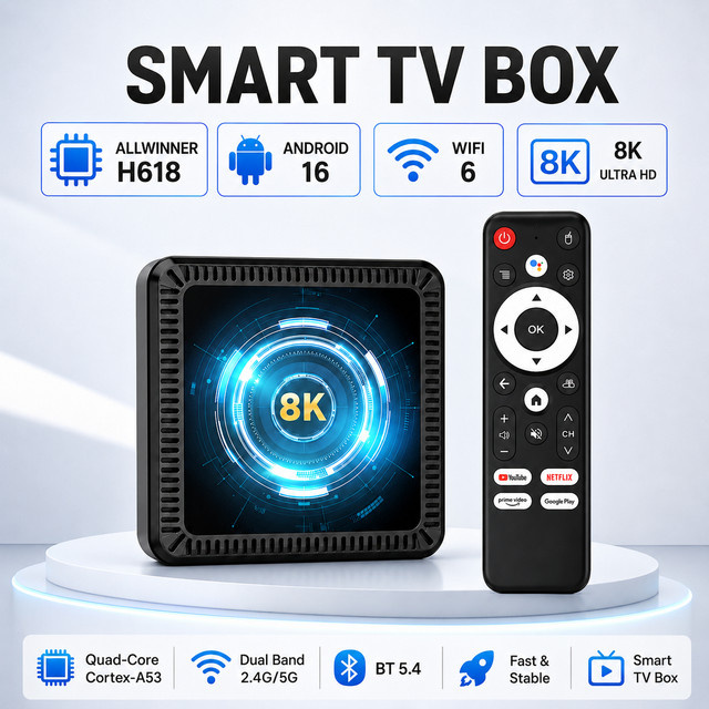 BLKJ Smart TV Box Android 16 Streaming-Media-Player mit Allwinner H618 Quad-Core Cortex A53, Schwarz - Bild 1