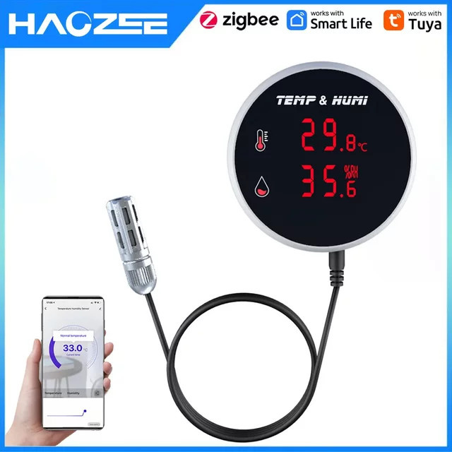 Haozee Tuya Smart Zigbee Hygrometer-Thermometer mit externer Temperatur und App-Steuerung, Schwarz - Bild 1