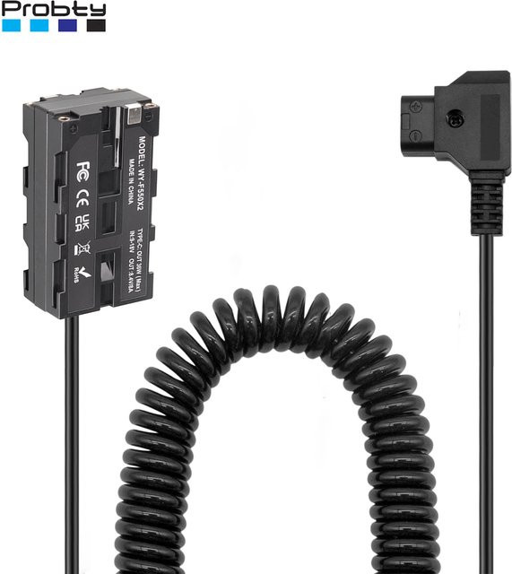 Probty D-Tap auf doppelseitiges NP-F550 Dummy-Batterie-Spiralkabel DC-Koppler in Schwarz für Monitore, LED-Videoleuchten, Sender und Empfänger - Bild 1
