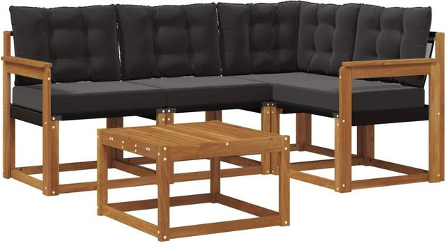 vidaXL Outdoor-Sofagarnitur 5-tlg. in L-Form aus Akazienholz mit Kissen und Couchtisch, Braun und Schwarz - Bild 1