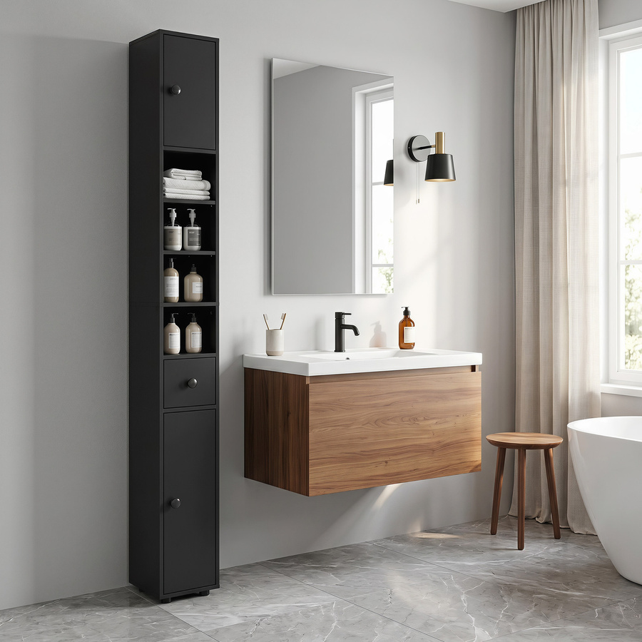 kleankin Badezimmerschrank schmal als Hochschrank mit Schublade und 4 offenen Fächern, Schwarz, B/T/H: 20 x 20 x 180 cm - Bild 2