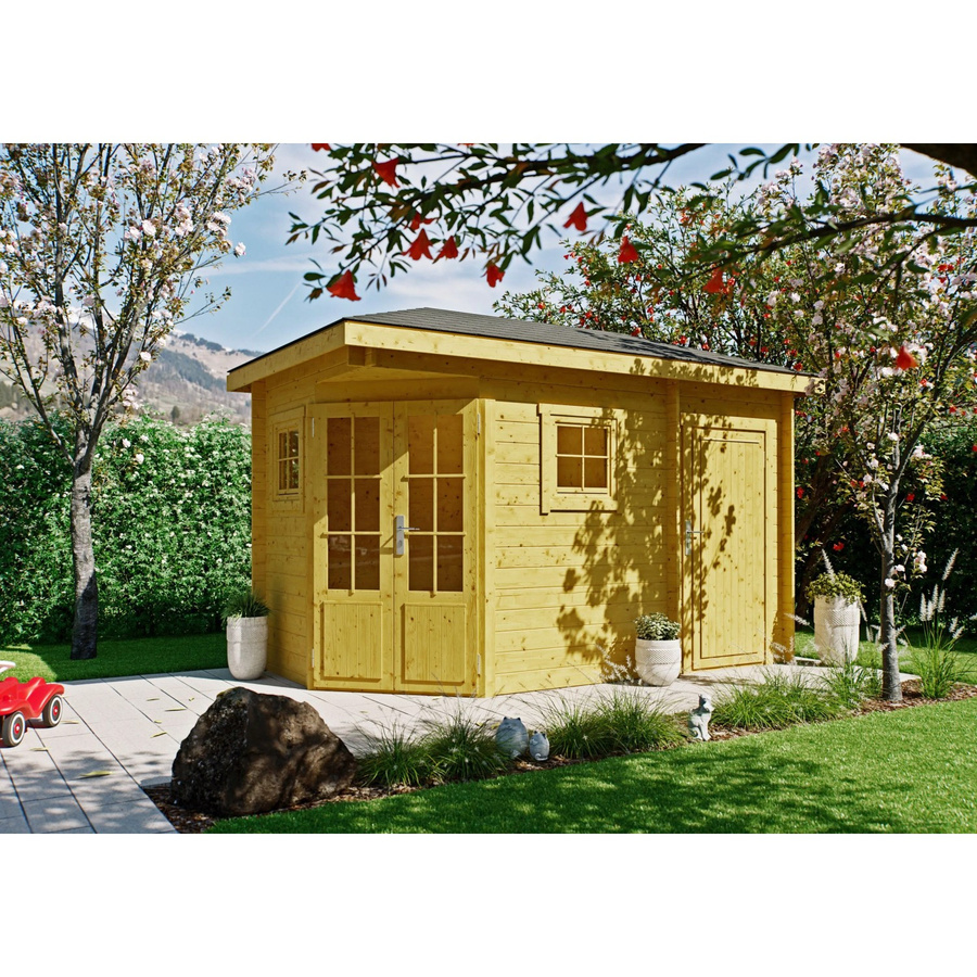 Fjordholz Gartenhaus Evelyn 1D als 5-Eck aus imprägnierter Kiefer in Braun und Gelb mit Fenster und Tür - Bild 2
