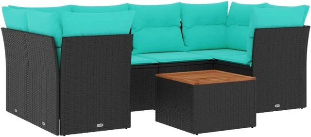 vidaXL 7-teilige Garten-Sofagarnitur aus Poly-Rattan und Akazienholz in Schwarz mit Kissen - Bild 1